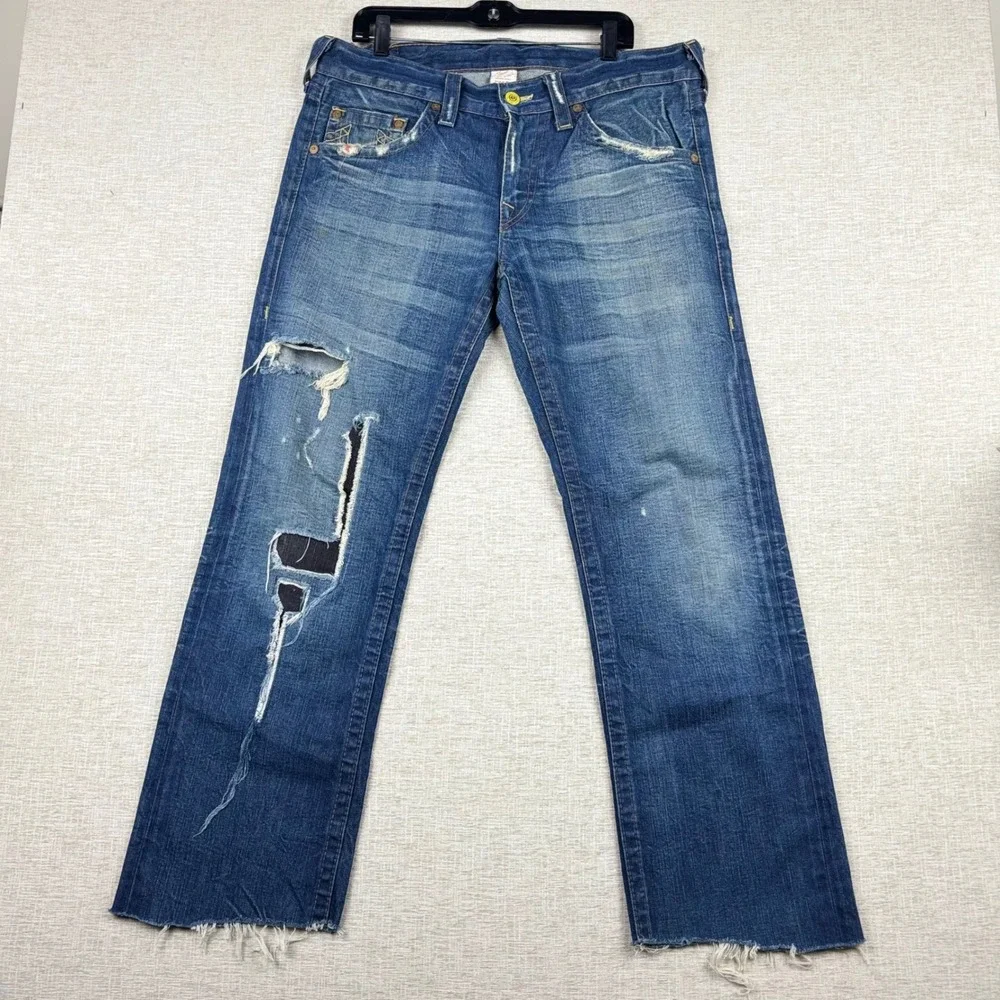 True Religion Mens 34x30 Y2K Distressed Festival  Blue Jeans Patchwork USA Made